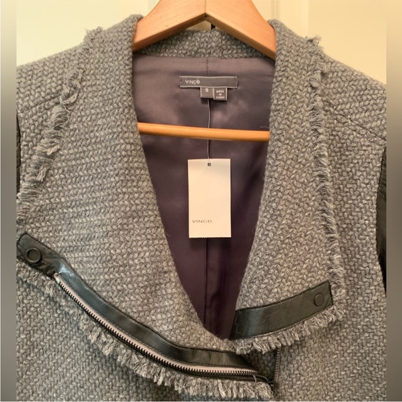 VINCE leather and wool jacket scuba moto tweed jacket gray Black NEW sz SM RARE - Picture 3 of 16